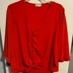 Kancystore Red Button Tie V-Neck 3/4 Sleeve Blouse Size L Women